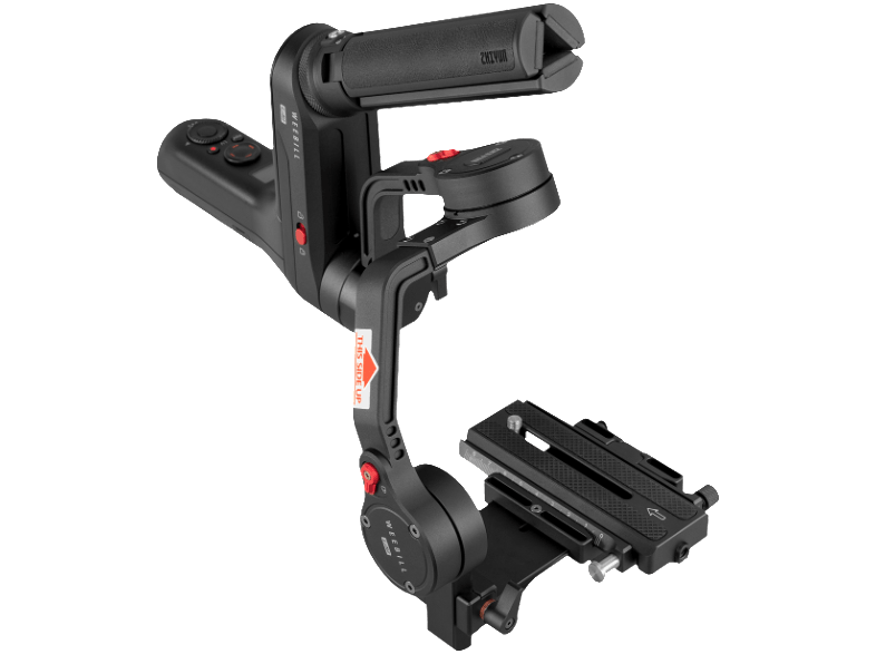 Black camera stabilizer with red accents.