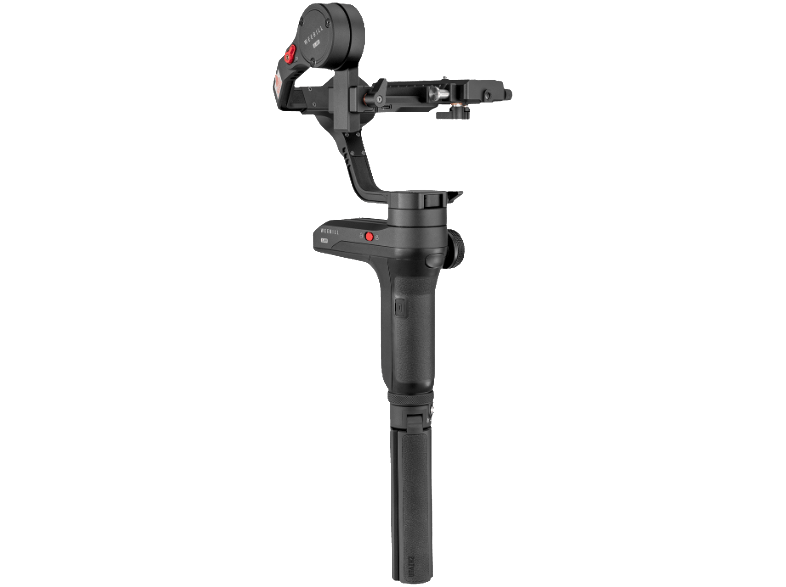 A black camera stabilizer on a black background. It has a long handle and a camera mount.