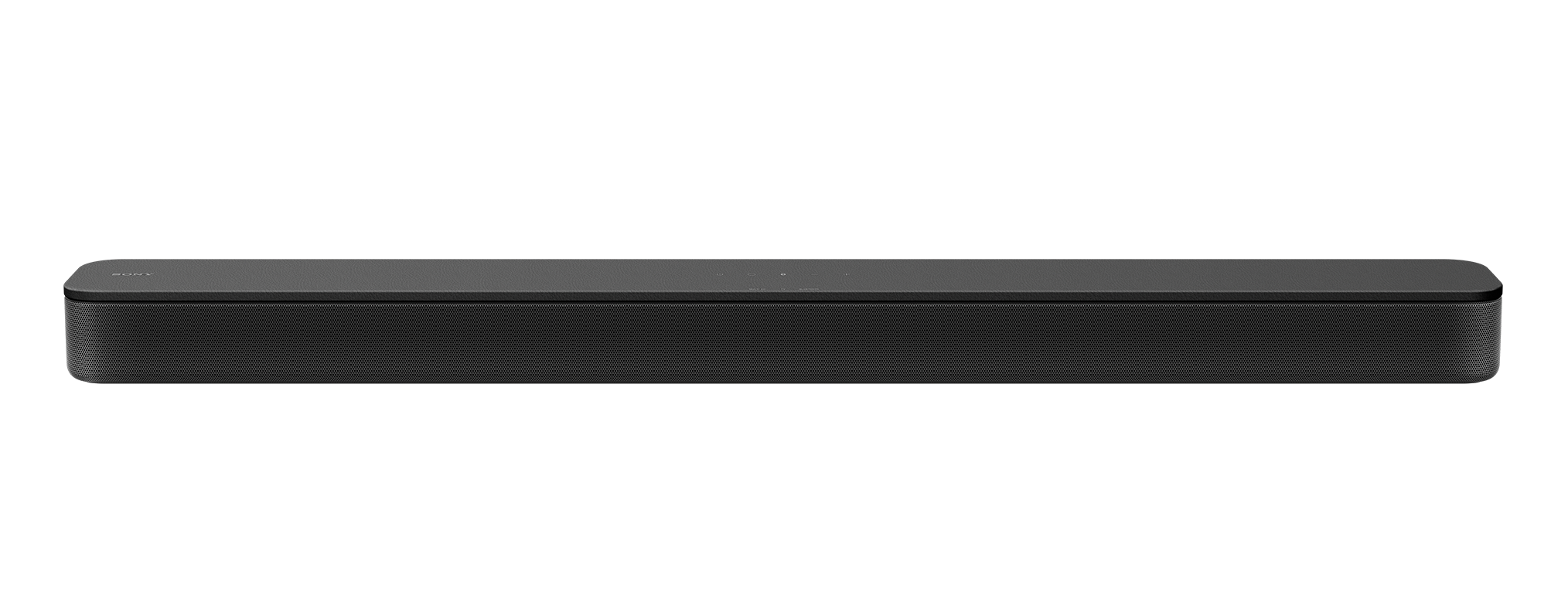 Eine lange, schwarze Soundbar mit schlichtem Design, isoliert auf schwarzem Hintergrund.