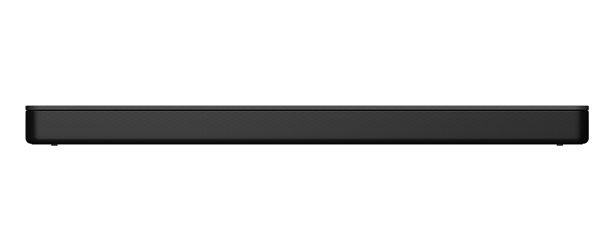 Eine schwarze Soundbar auf schwarzem Hintergrund, von vorne betrachtet.