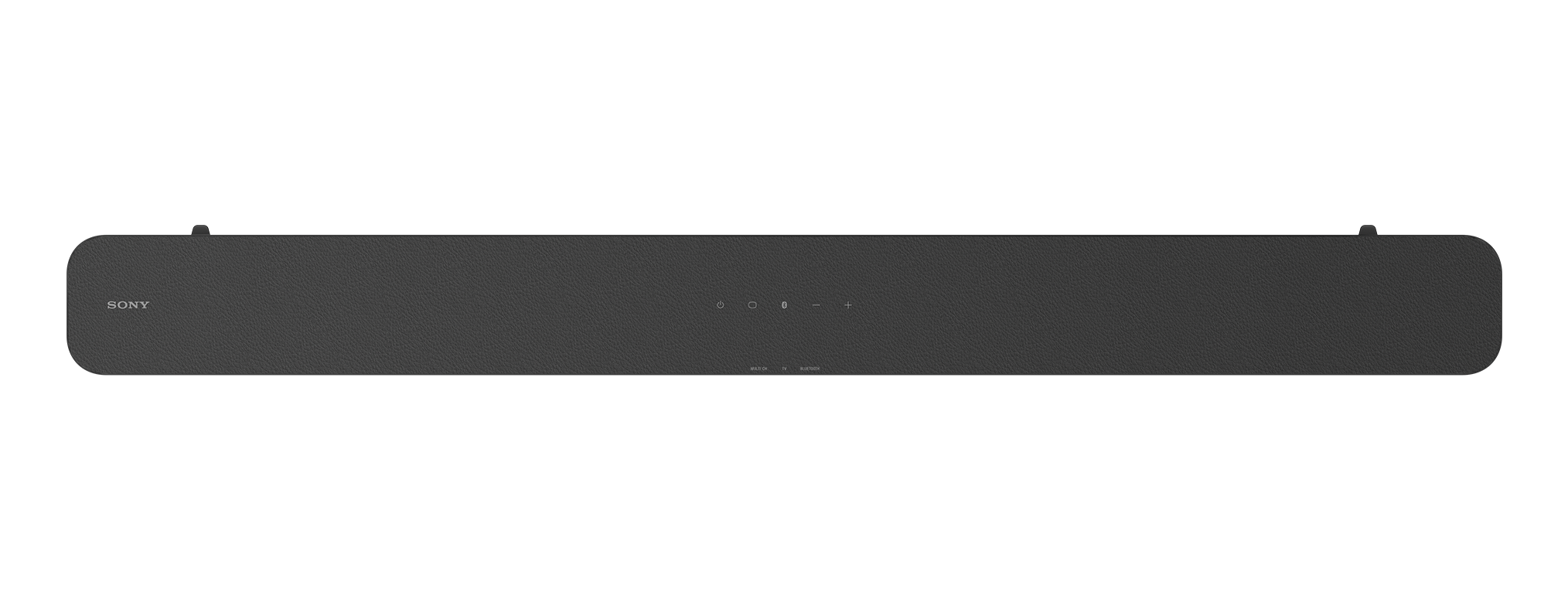 Schwarze Soundbar mit der Marke SONY links. Sie befindet sich auf einem schwarzen Hintergrund.