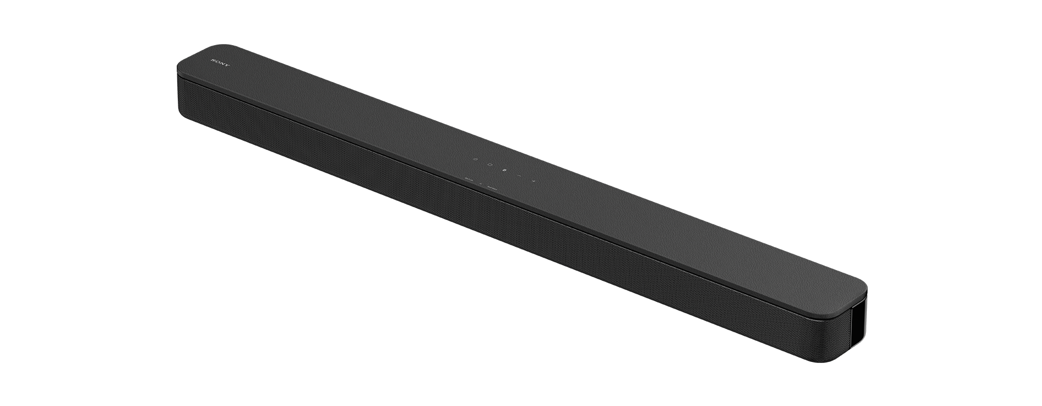 Eine schwarze Sony Soundbar auf schwarzem Hintergrund. Sie ist rechteckig und schlank.