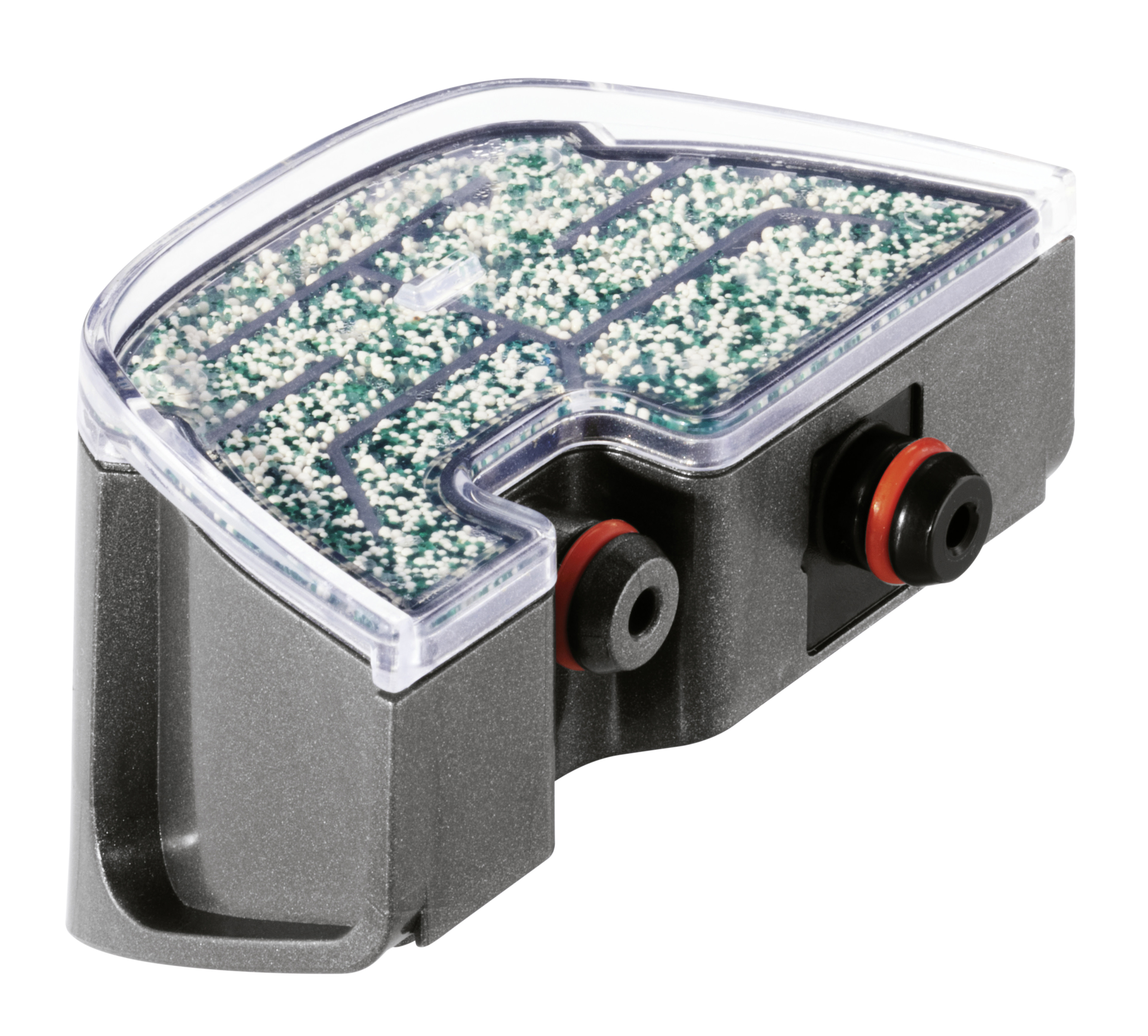 Grauer eckiger Filter mit transparentem Deckel und grünem Filtermaterial im Inneren. Schwarze Auslässe.