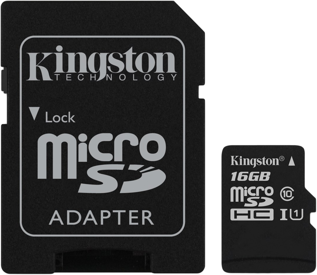 Két fekete Kingston memóriakártya. Az egyik egy Micro SD adapter, a másik egy Micro SDHC kártya. Mindkettő fehér felirattal és logóval rendelkezik.