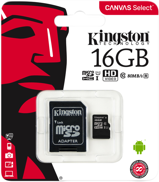 Kingston 16GB MicroSD kártya csomagban. A csomag tartalmaz egy MicroSD adaptert és egy kis MicroSD kártyát. A kártya fekete.