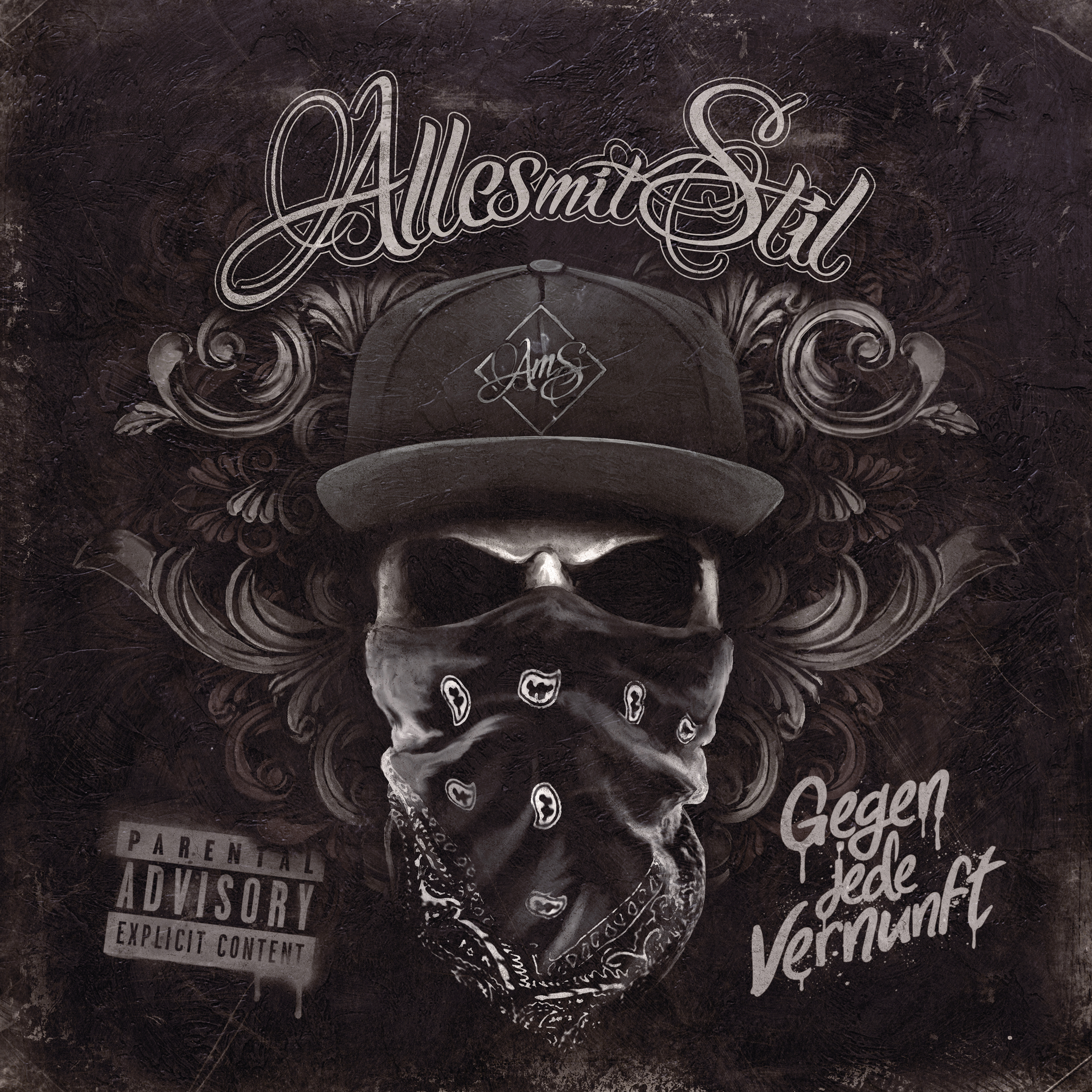 Albumcover mit einem Totenkopf, der eine Mütze und ein Bandana trägt. Text: Alles mit Stil.