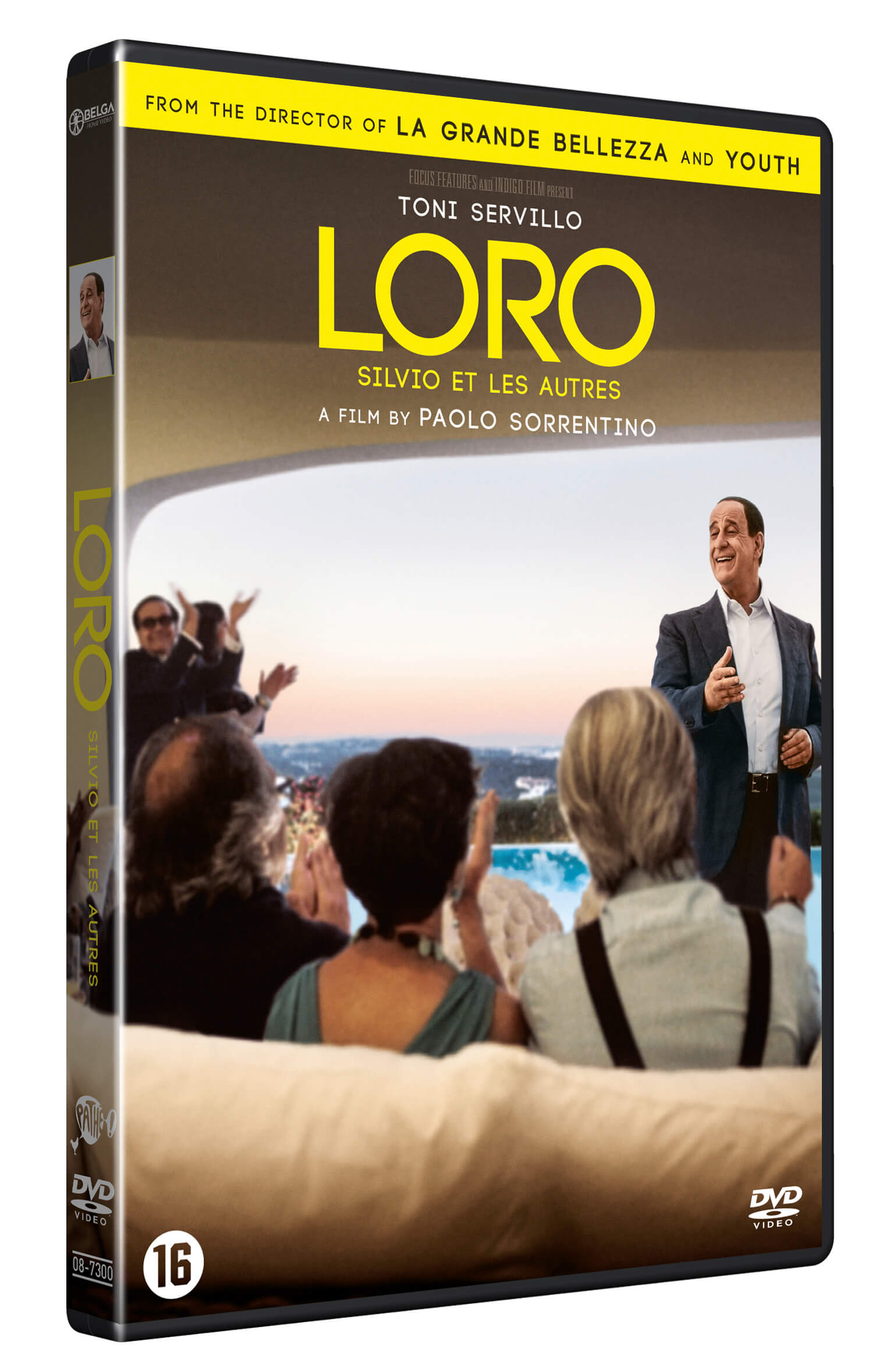 Boîtier DVD du film 'Loro', avec Toni Servillo et d'autres, avec le titre du film.