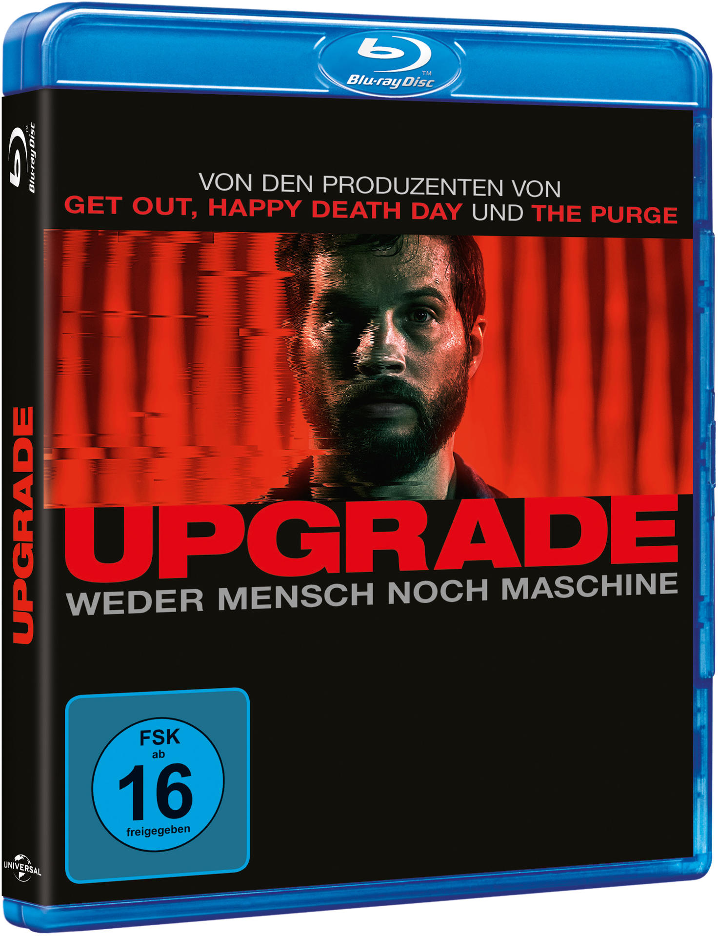Upgrade Blu-ray Cover. Männergesicht, roter Hintergrund, Upgrade-Titel, Bewertung 16, deutscher Text.