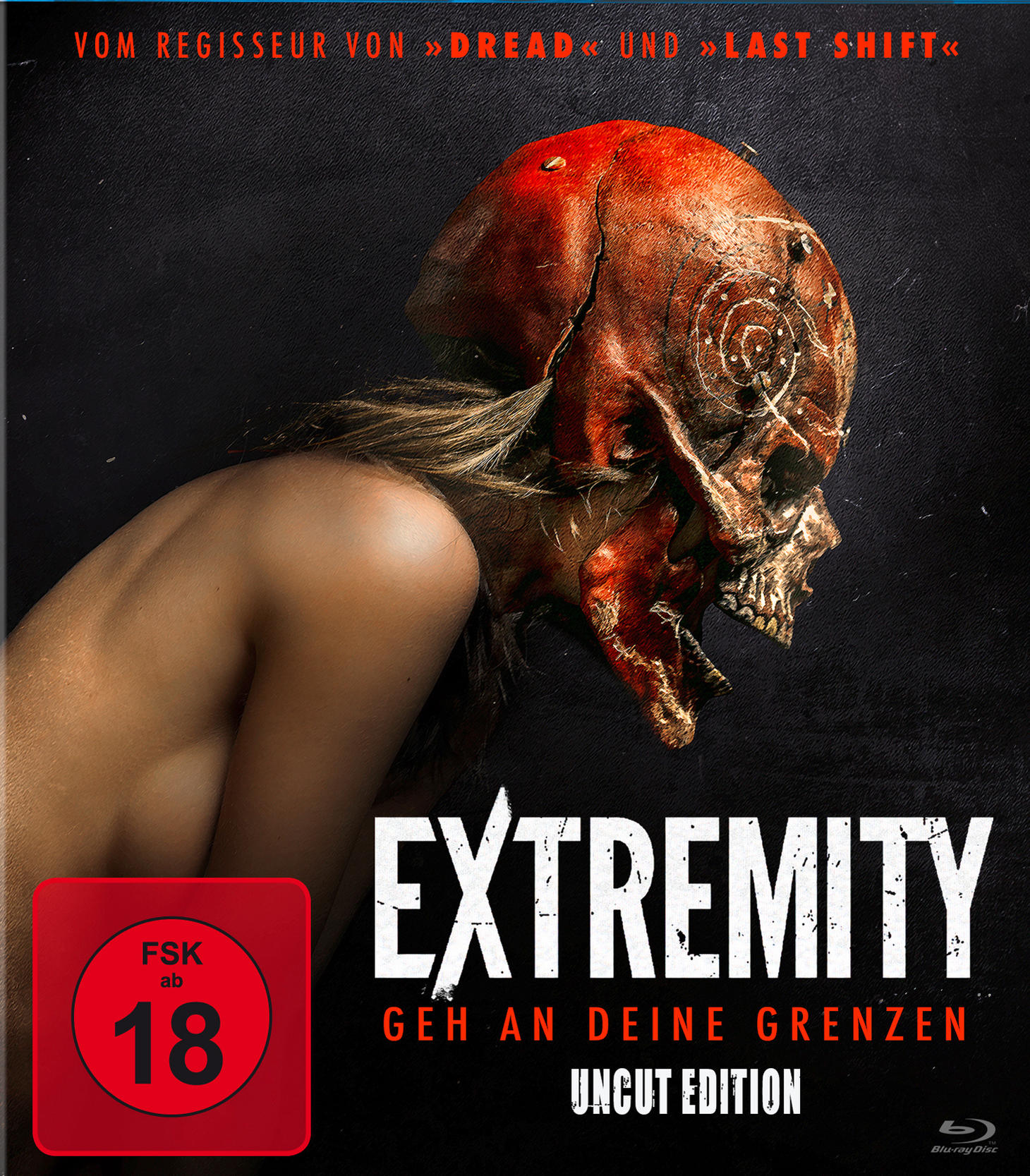 Filmcover für 'Extremity'. Eine Person mit einer schädelartigen Maske. Rote, schwarze und weiße Farben.