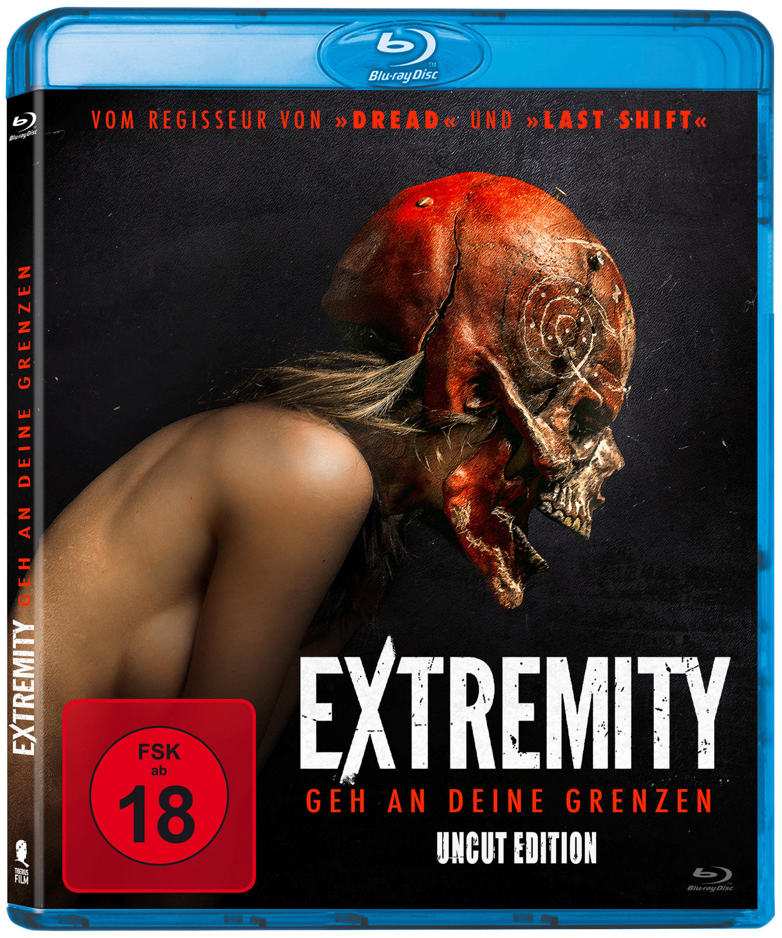 Blu-ray-Filmcover mit Schädelbild und Text. Dunkler Hintergrund, rote und blaue Akzente.