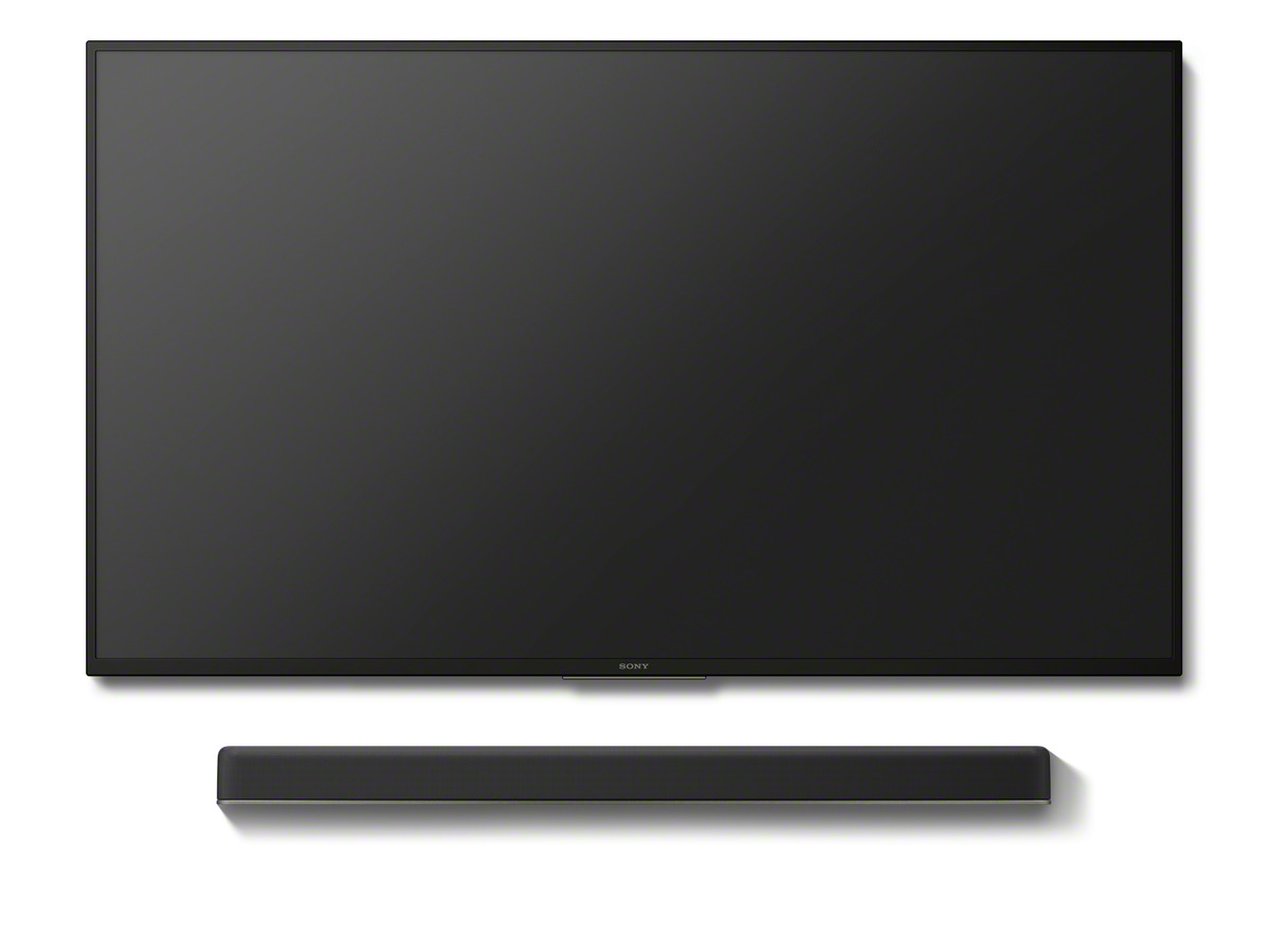 Schwarzer Fernseher und Soundbar auf weißem Hintergrund. Sony-Marke ist sichtbar.