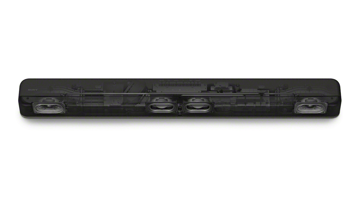 Schwarze Soundbar auf weißem Grund mit sichtbaren internen Komponenten, Lautsprechern.