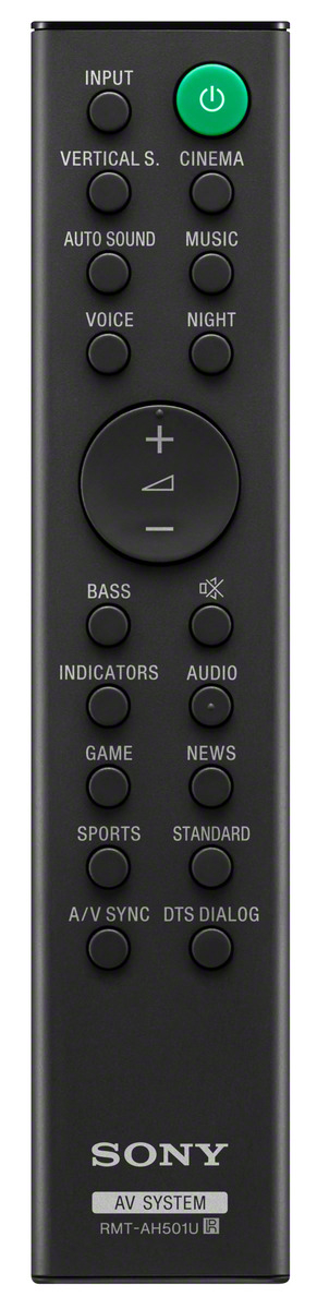 Eine schwarze Fernbedienung mit mehreren Tasten und einem silbernen Sony-Logo.