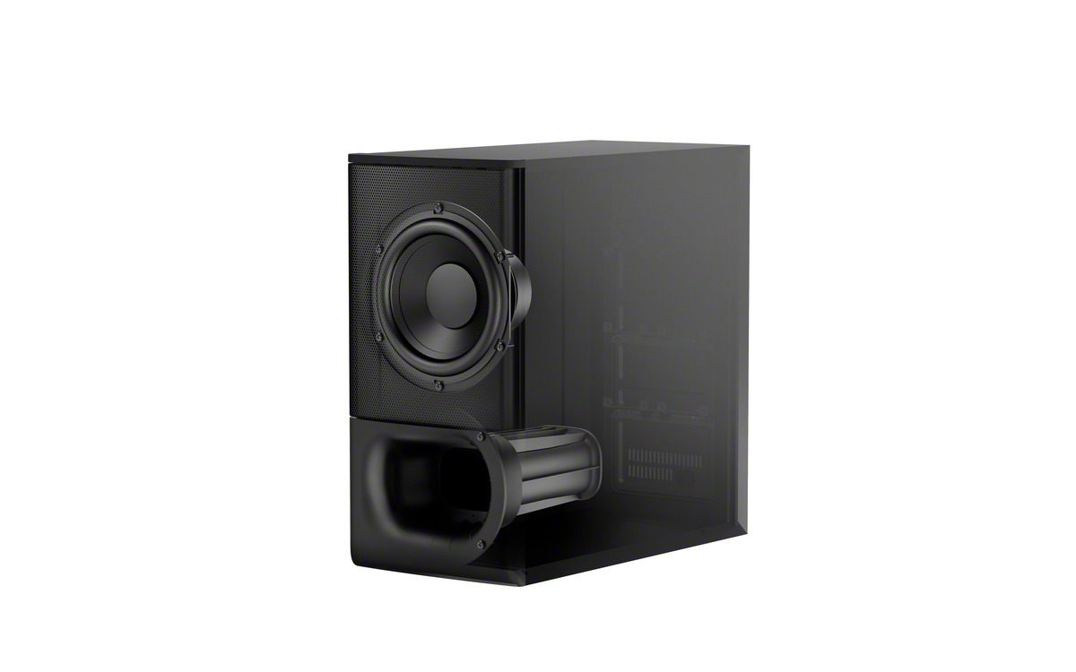 Ein schwarzer Subwoofer-Lautsprecher mit transparenter Seite, um die internen Komponenten zu zeigen.