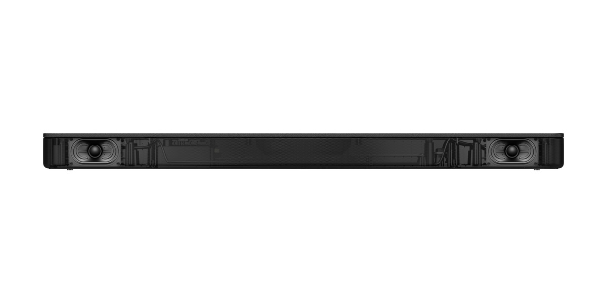 Eine schwarze Soundbar auf weißem Hintergrund mit zwei Lautsprechern an den Enden.