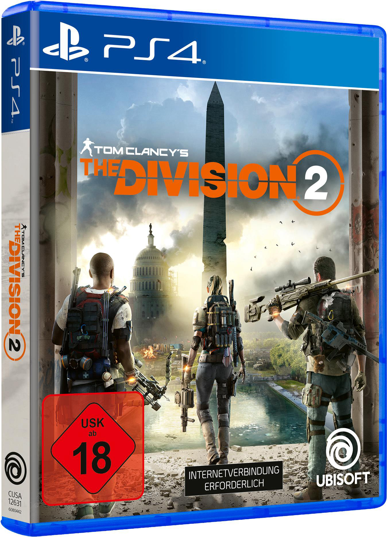 Spielcover. Drei Figuren mit Waffen vor dem Washington Monument. Spieletitel: The Division 2.