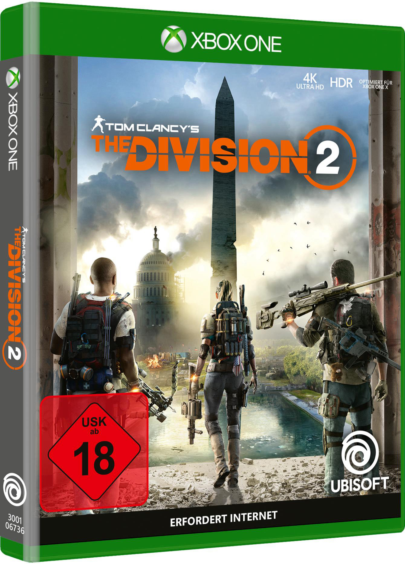 The Division 2-Spielbox. Zeigt Soldaten, ein Denkmal und den Spieletitel. Es hat eine Bewertung von 18+.