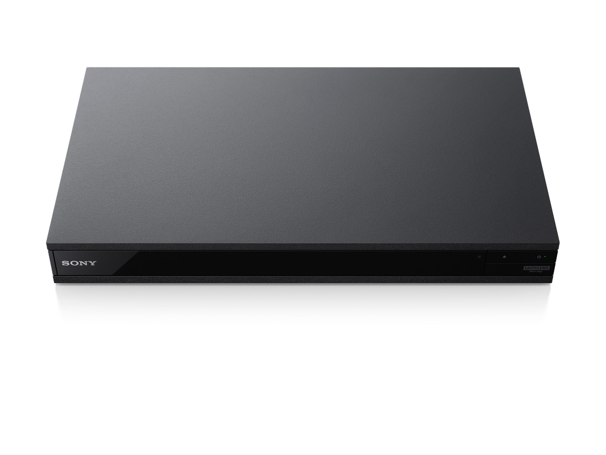 Ein schwarzer Sony Blu-ray-Player. Das Gerät ist rechteckig, mit glänzender schwarzer Oberfläche.
