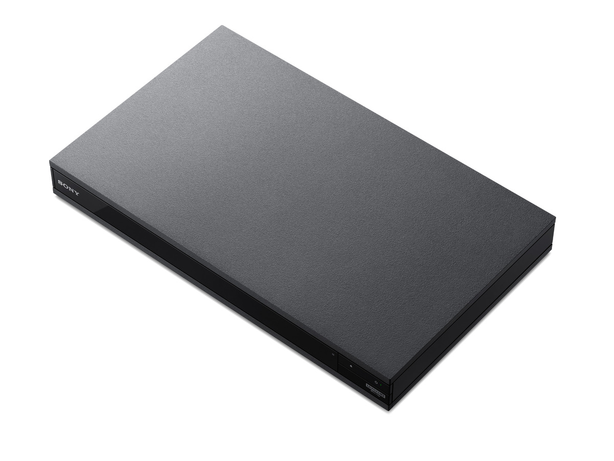 Ein schwarzer und grauer Sony Blu-ray-Player. Die Oberseite hat eine strukturierte Oberfläche.
