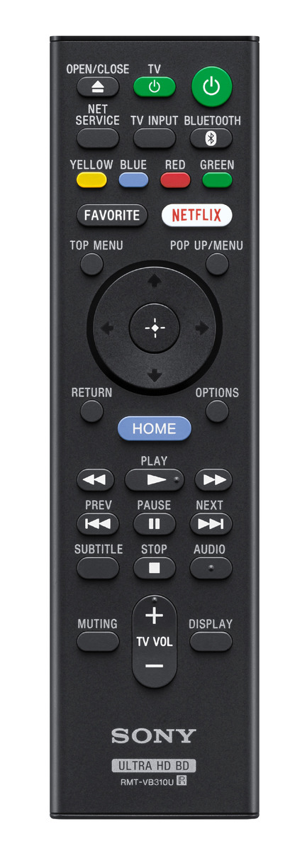 Sony Fernbedienung mit vielen Knöpfen. Enthält Power-, Lautstärke- und Netflix-Tasten.