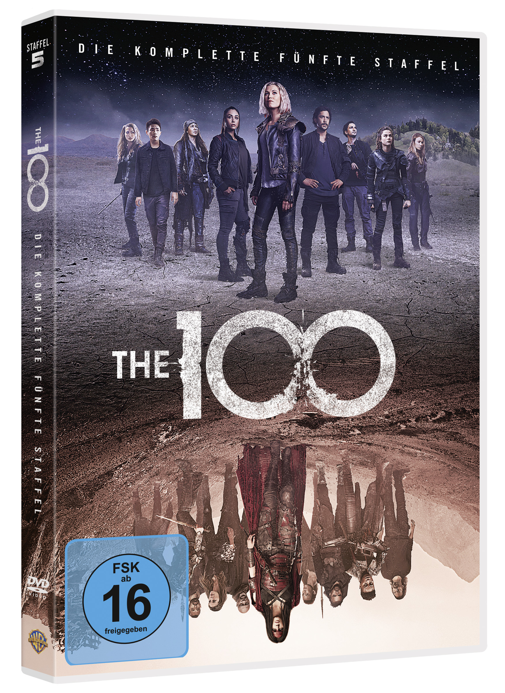 DVD-Hülle von 'The 100: Die komplette fünfte Staffel'. Gruppe von Schauspielern im Hintergrund.