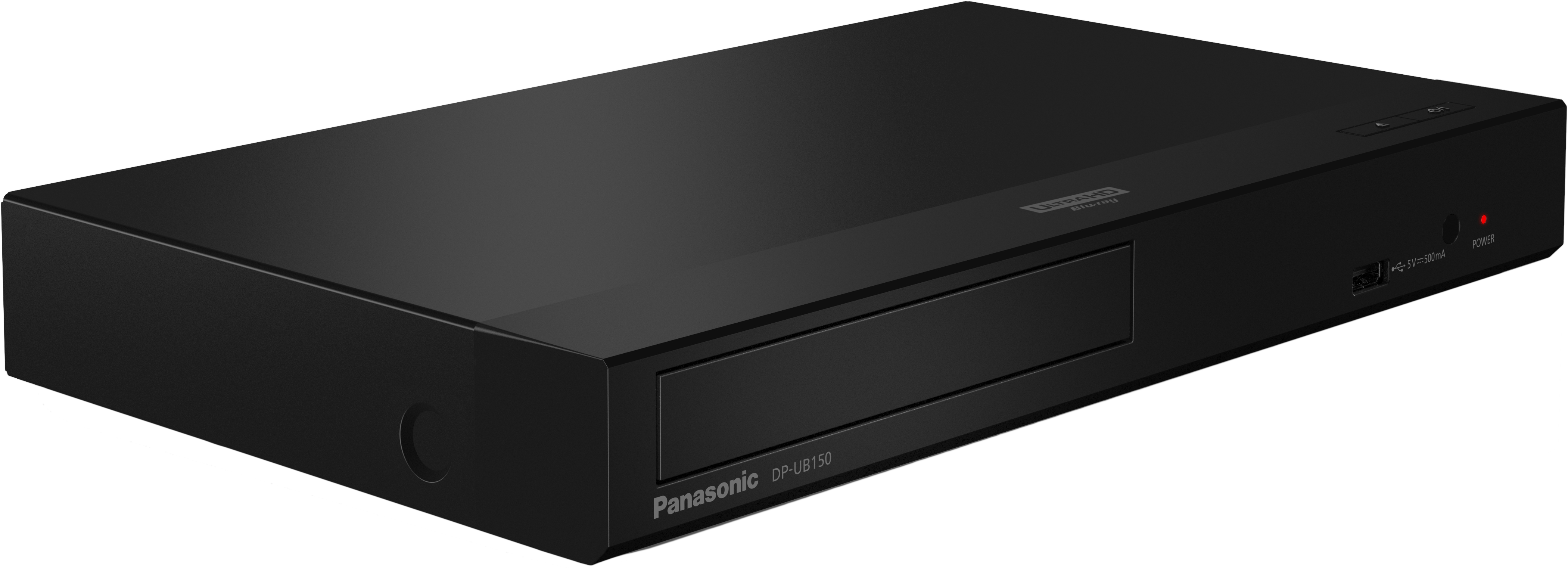Fekete Panasonic Ultra HD Blu-ray lejátszó. Van egy tálca nyílása és bekapcsológombja. A felülete sima.