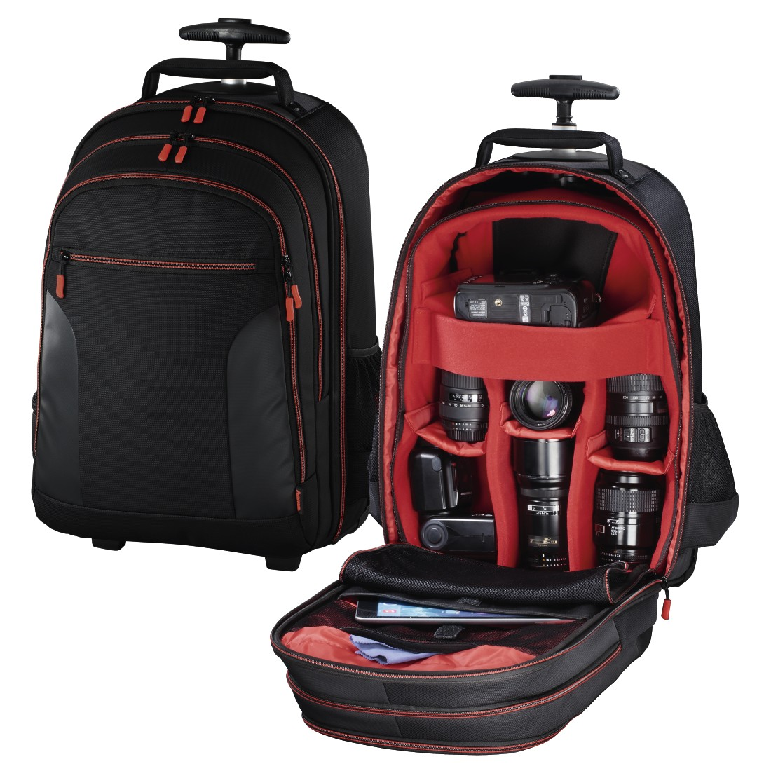 Una borsa fotografica nera, aperta e chiusa, che rivela fotocamere e obiettivi all'interno.