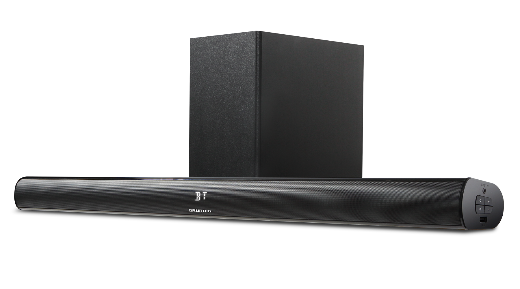 Ein schwarzes Soundbar- und Subwoofer-Set. Die Soundbar hat einen Grill und Knöpfe. Der Subwoofer ist ein schwarzes Rechteck.