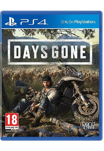 Caja del juego Days Gone PS4 con motociclista en moto y una horda de zombis.