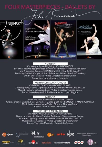 Plakat für John Neumeiers Ballette. Vier Plakate mit 'Nijinsky', 'Weihnachtsoratorium', 'Tatiana' und 'Die kleine Meerjungfrau'.