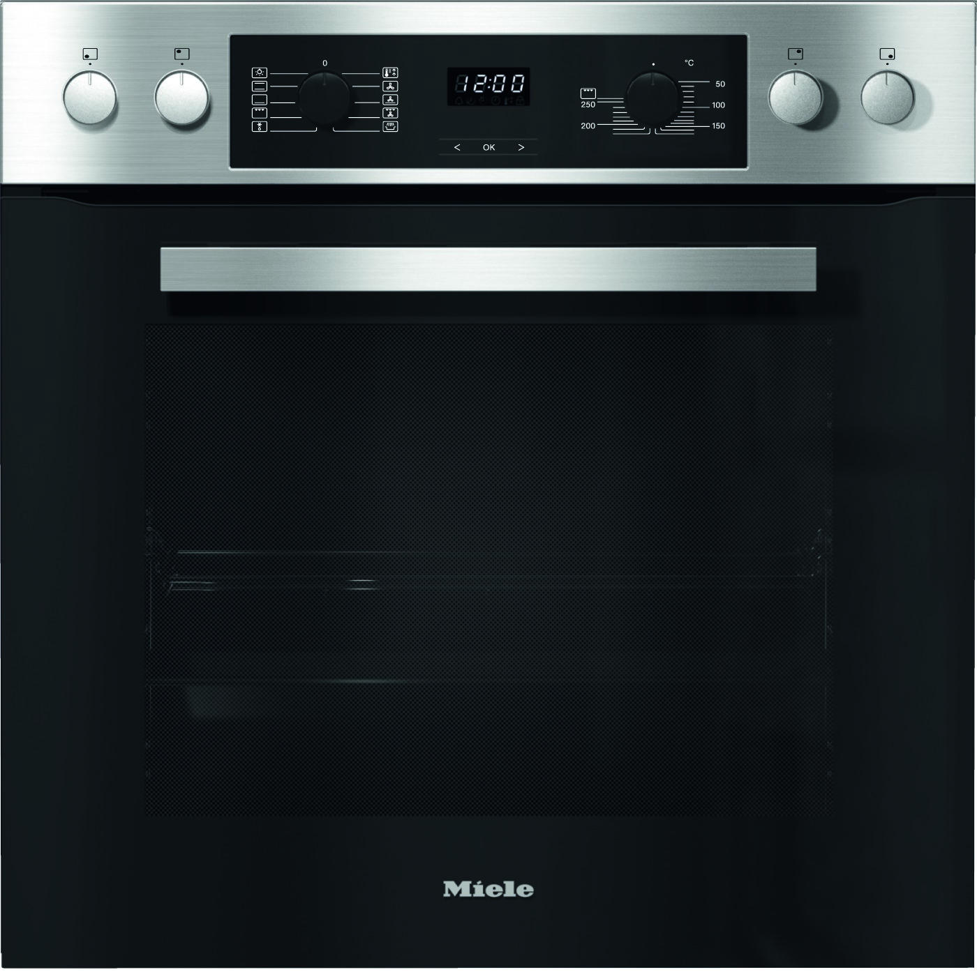 Miele-Backofen mit schwarzer Front. Das Bedienfeld ist silberfarben und hat eine Digitaluhranzeige.