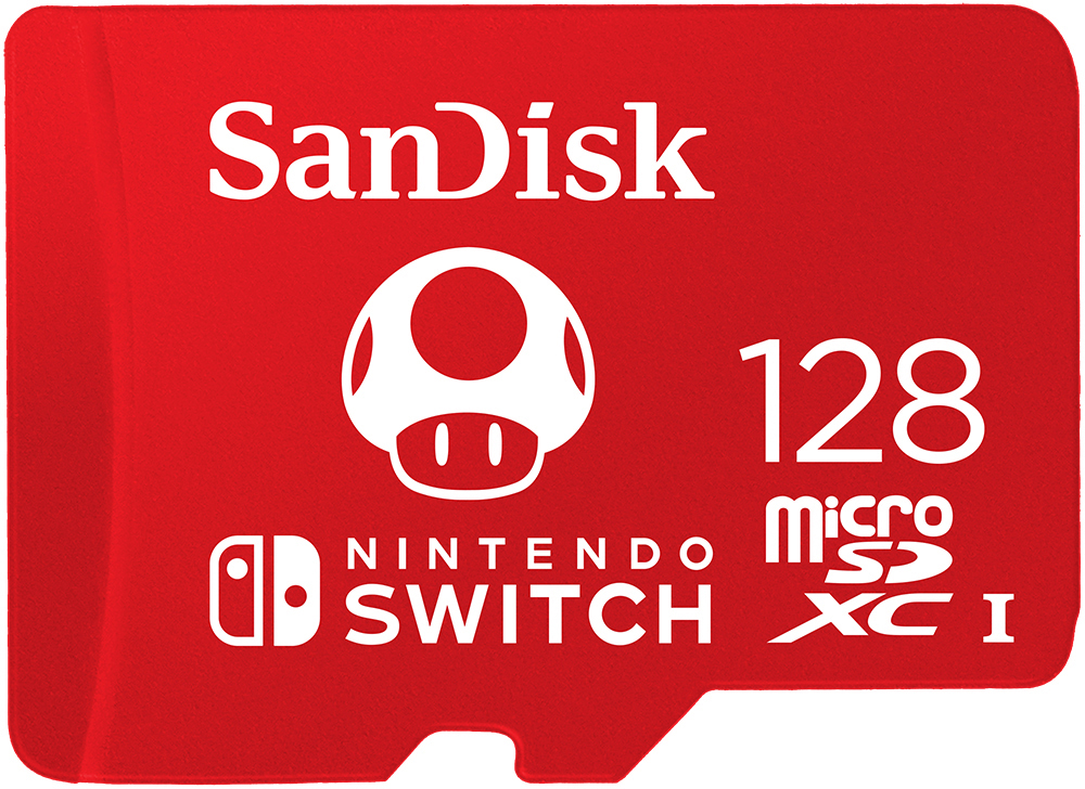 Rote SD-Karte mit Nintendo Switch-Logo und Pilzsymbol. Weißer Text.