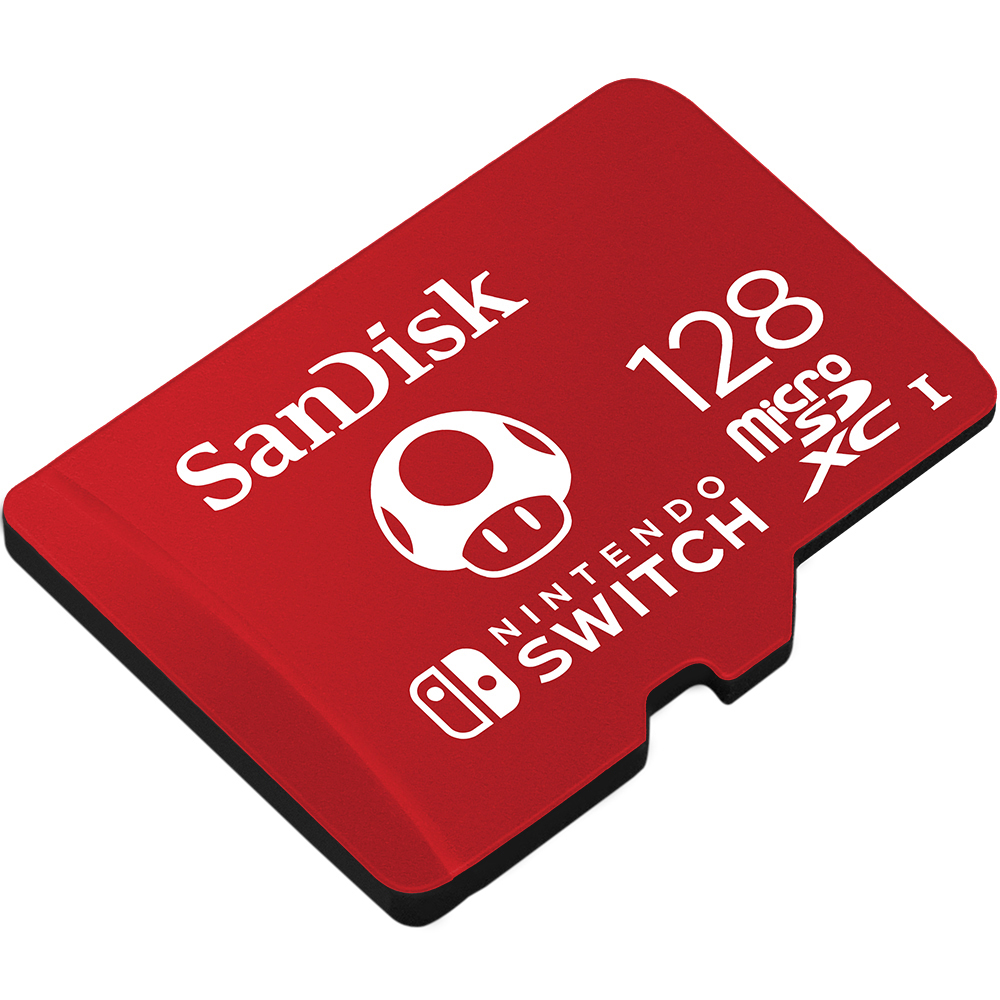 Rote und weiße Sandisk Micro-SD-Karte für Nintendo Switch. Hat Mushroom-Logo.