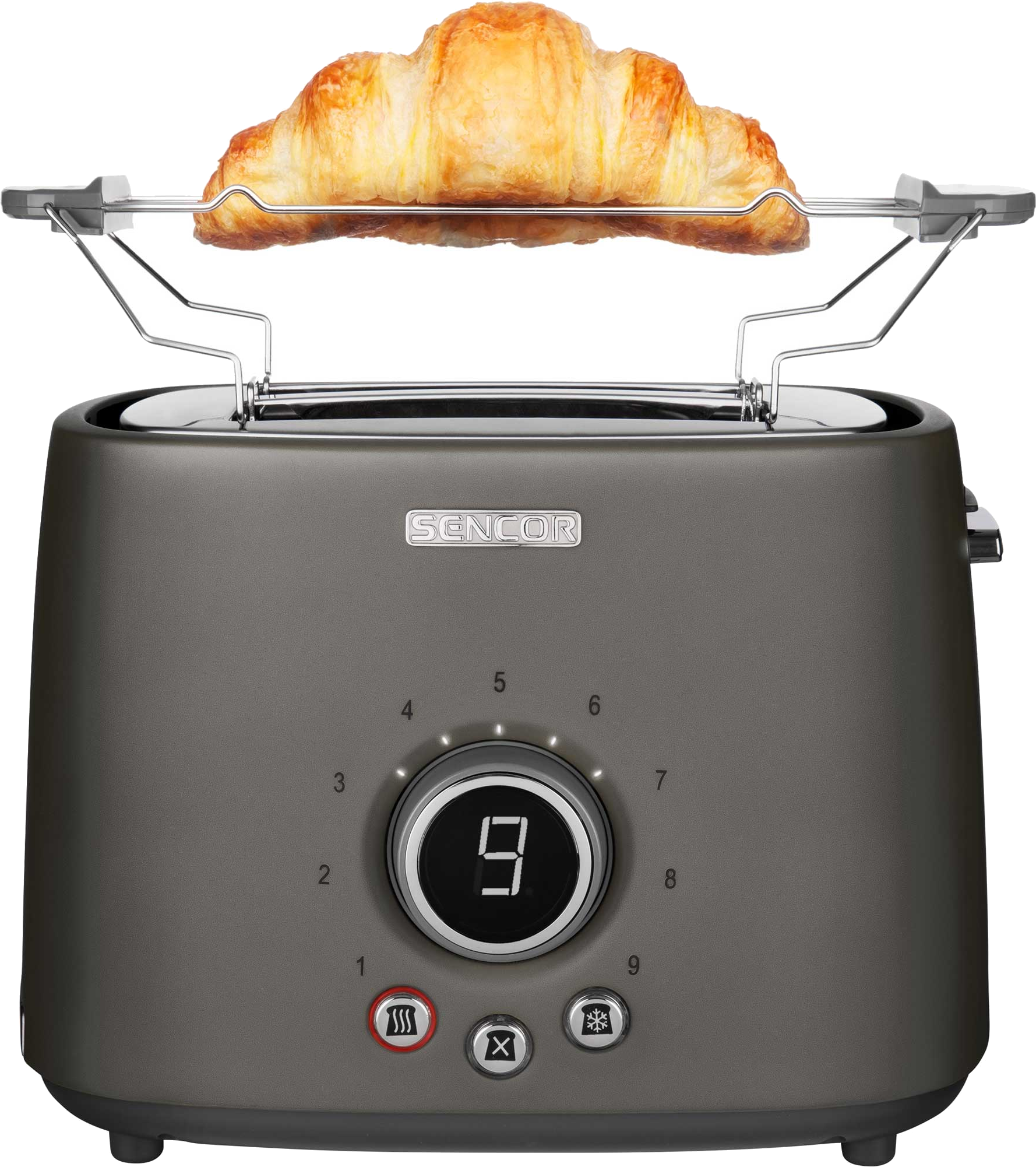 Sötétszürke kenyérpirító croissant-nal a tetején. A digitális kijelző mutatja a beállítást. Fekete háttér.