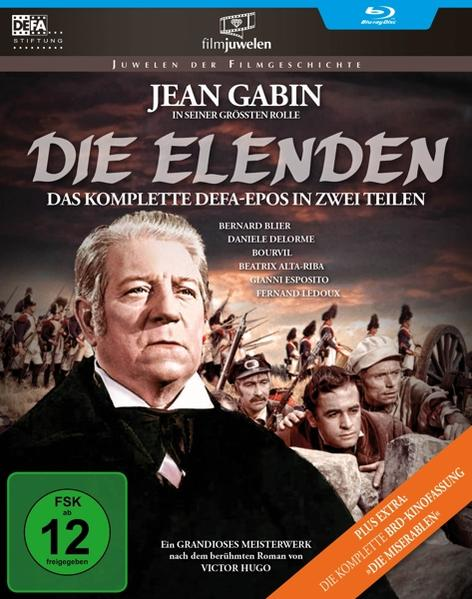 Blu-ray-Cover: Jean Gabin, Titel 'Die Elenden', historische Szene.