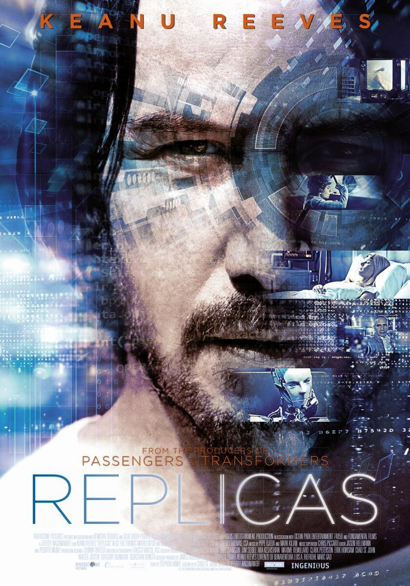 Affiche de film avec le visage de Keanu Reeves. L'image a une superposition numérique futuriste.