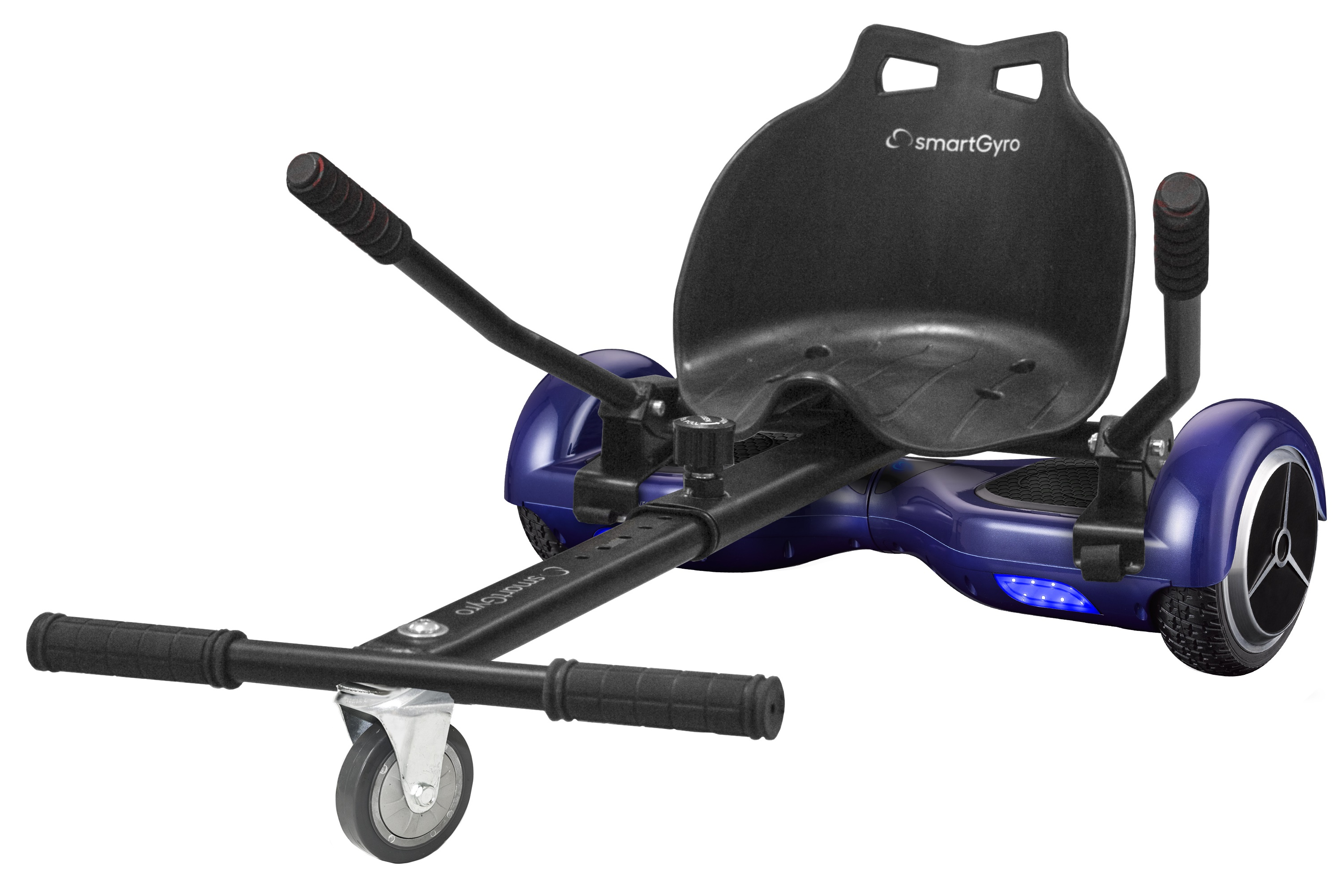 Un hoverboard azul con asiento negro. Tiene un manillar y reposapiés.