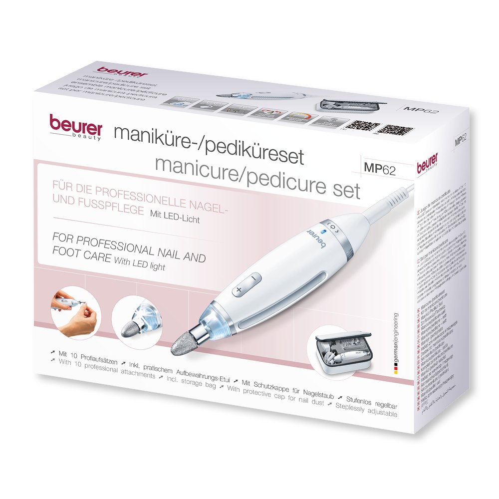 Set de manicura y pedicura - Beurer MP 62, Incluye 10 accesorios, Luz LED