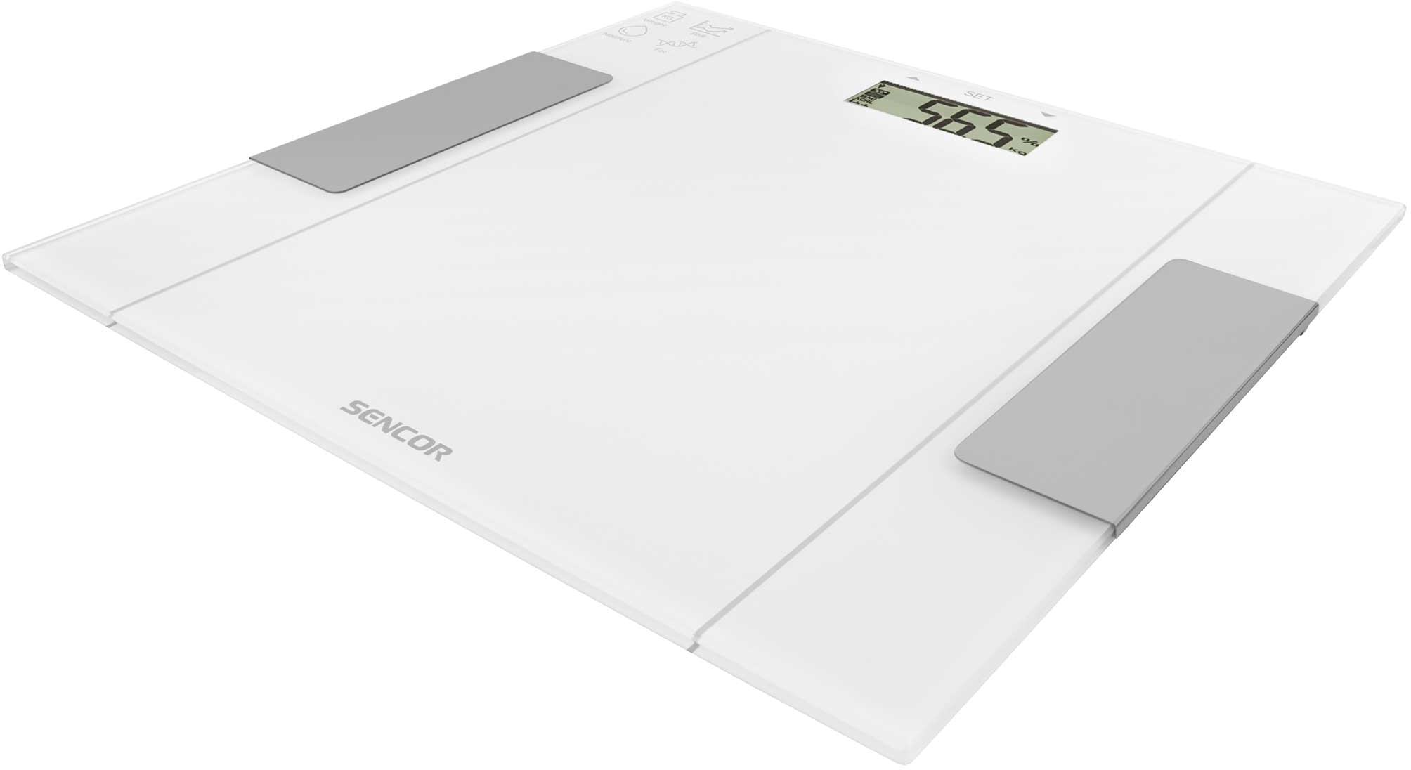 Egy fehér Sencor mérleg digitális kijelzővel, amely a súlyt mutatja: 56,5 kg.