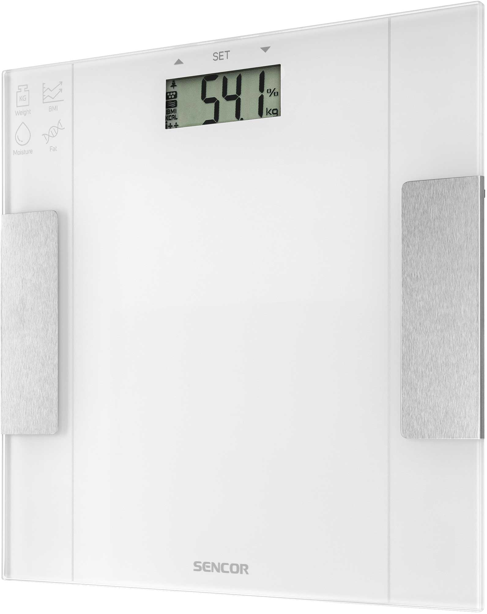 Fehér digitális fürdőszobamérleg. 54,1 kg-ot mutat. Digitális kijelző.
