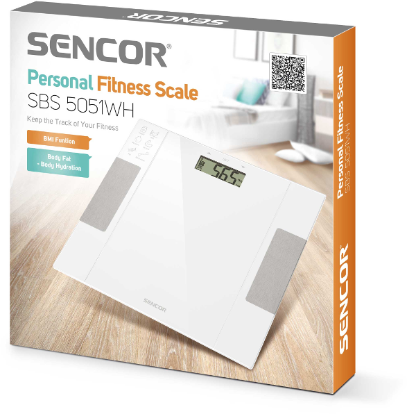 Fehér digitális személyi fitnesz mérleg a dobozában, súlya 56,5. A dobozon termék adatok.