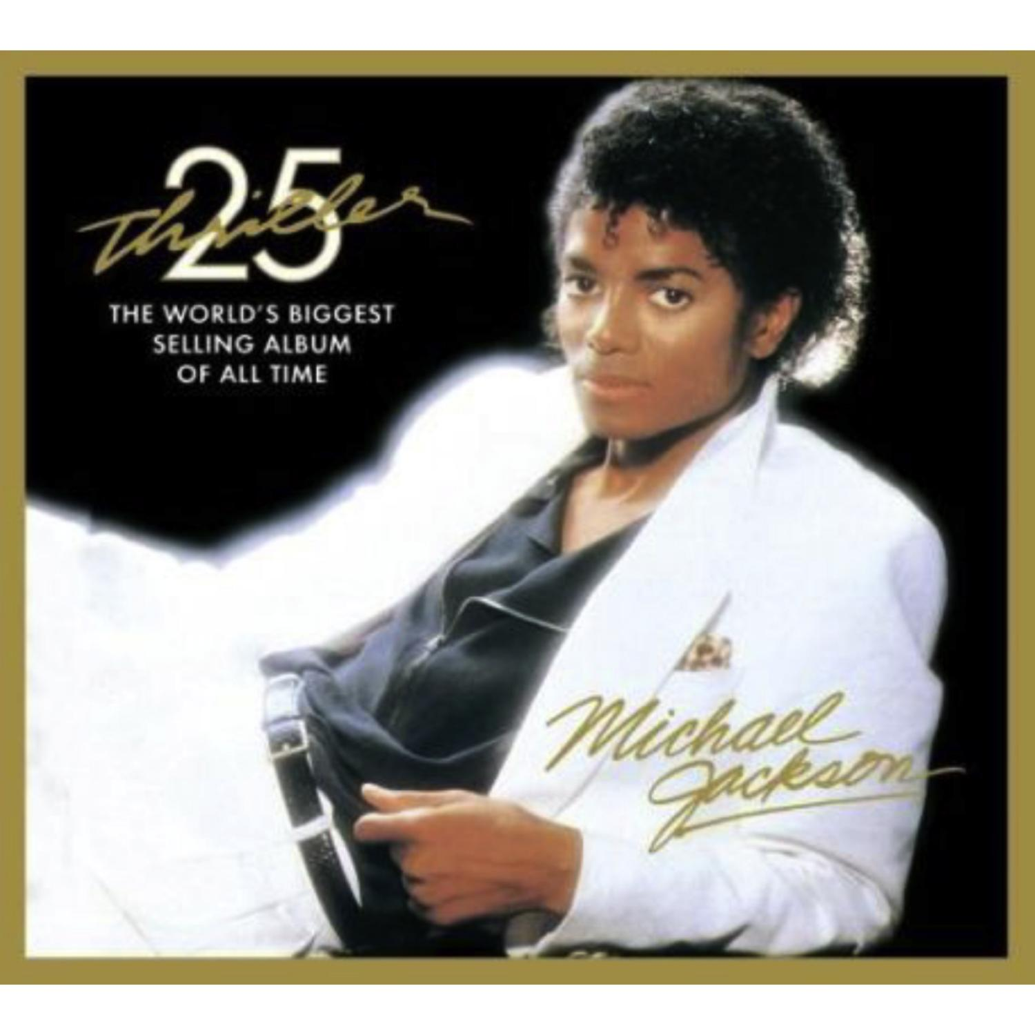 Albumcover: Michael Jackson auf goldenem Hintergrund, Text 'Thriller 25' und Albumtitel.