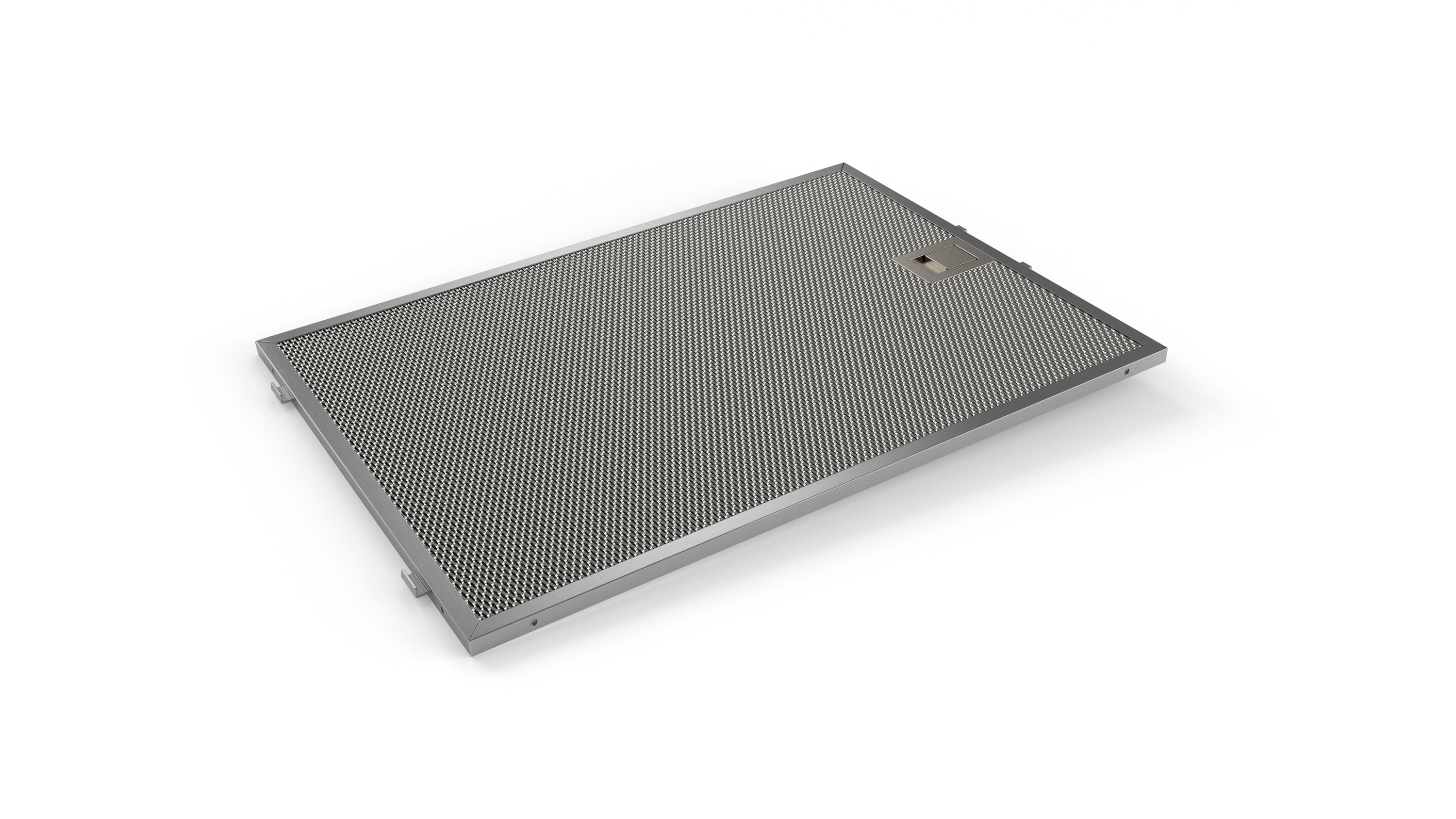 Ein Edelstahl-Dunstabzugsfilter. Es hat ein Maschendesign mit einem silbernen Rahmen. Es liegt auf einer weißen Oberfläche.