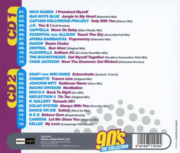 CD-Hülle mit einer Trackliste einer 90er-Musik-Compilation. Zwei CDs sind mit CD1 und CD2 beschriftet.