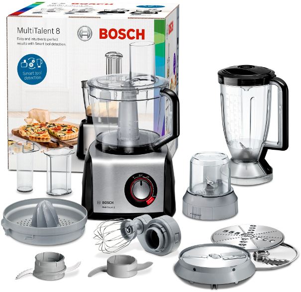 Egy Bosch MultiTalent 8 konyhai robotgép tartozékokkal és csomagolással.