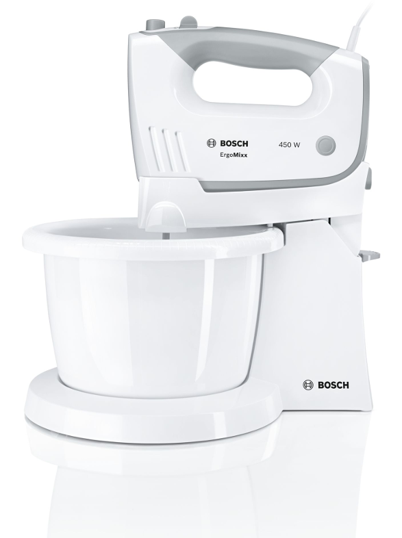 Fehér Bosch kézi mixer tálal. Szürke fogantyú, 450 W. A tál az alapon. Fehér háttér.