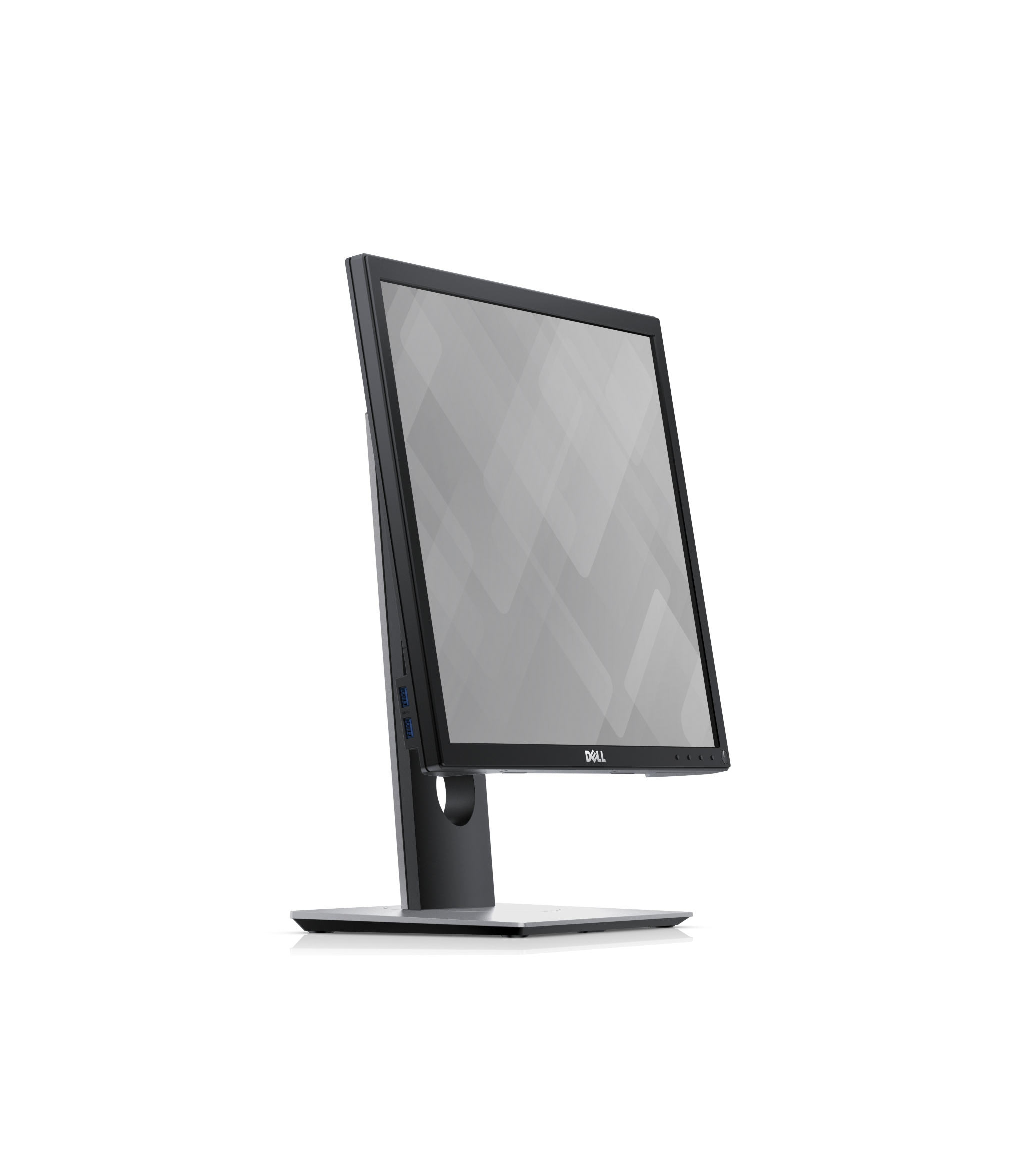Ein Dell-Monitor auf weißem Hintergrund. Der Bildschirm ist grau. Der Monitor hat einen schwarzen Rahmen und Ständer.