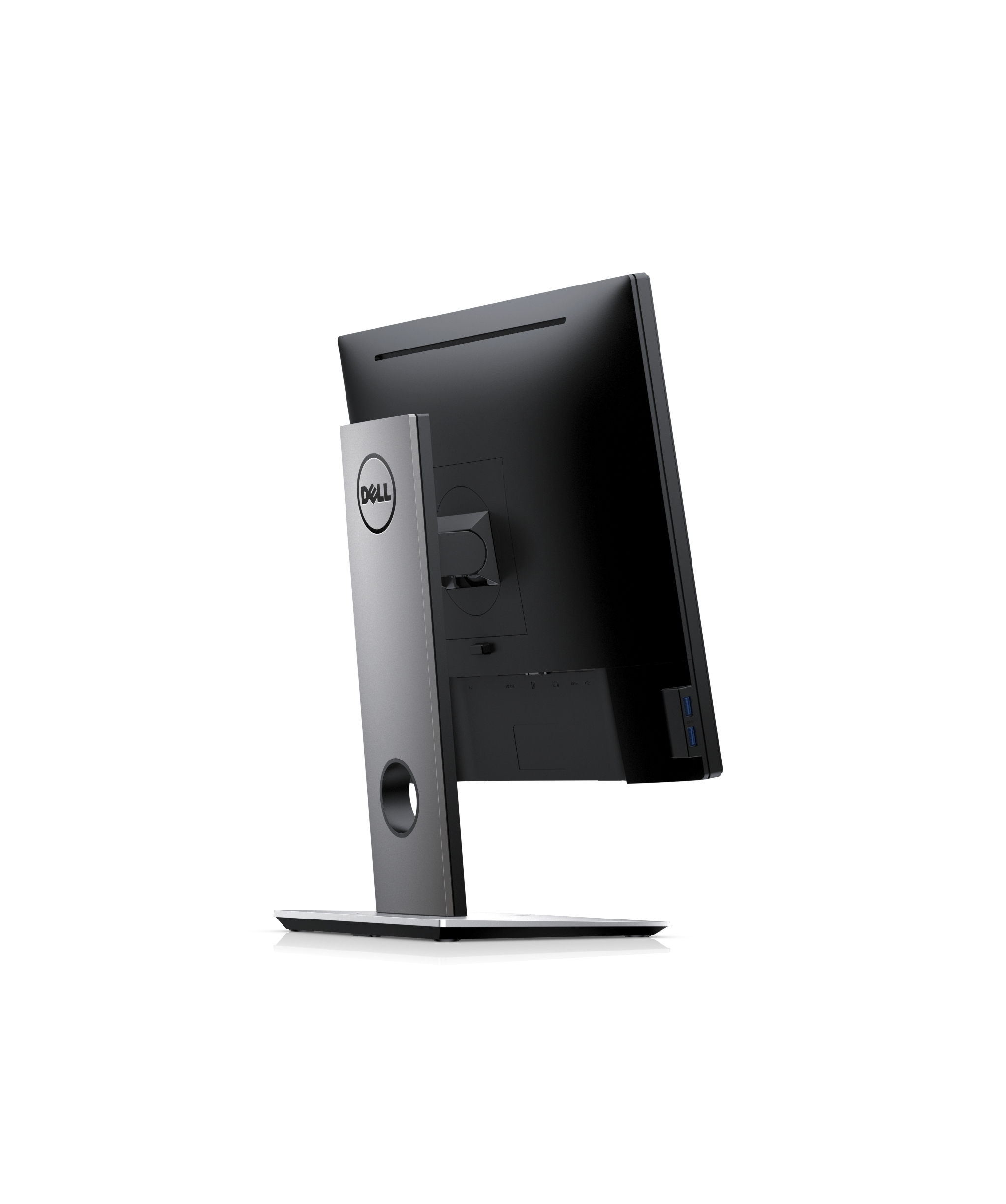 Ein Dell-Monitor wird von der Seite gezeigt, mit einem schwarzen Bildschirm und einem silbernen Ständer. Das Dell-Logo ist sichtbar.