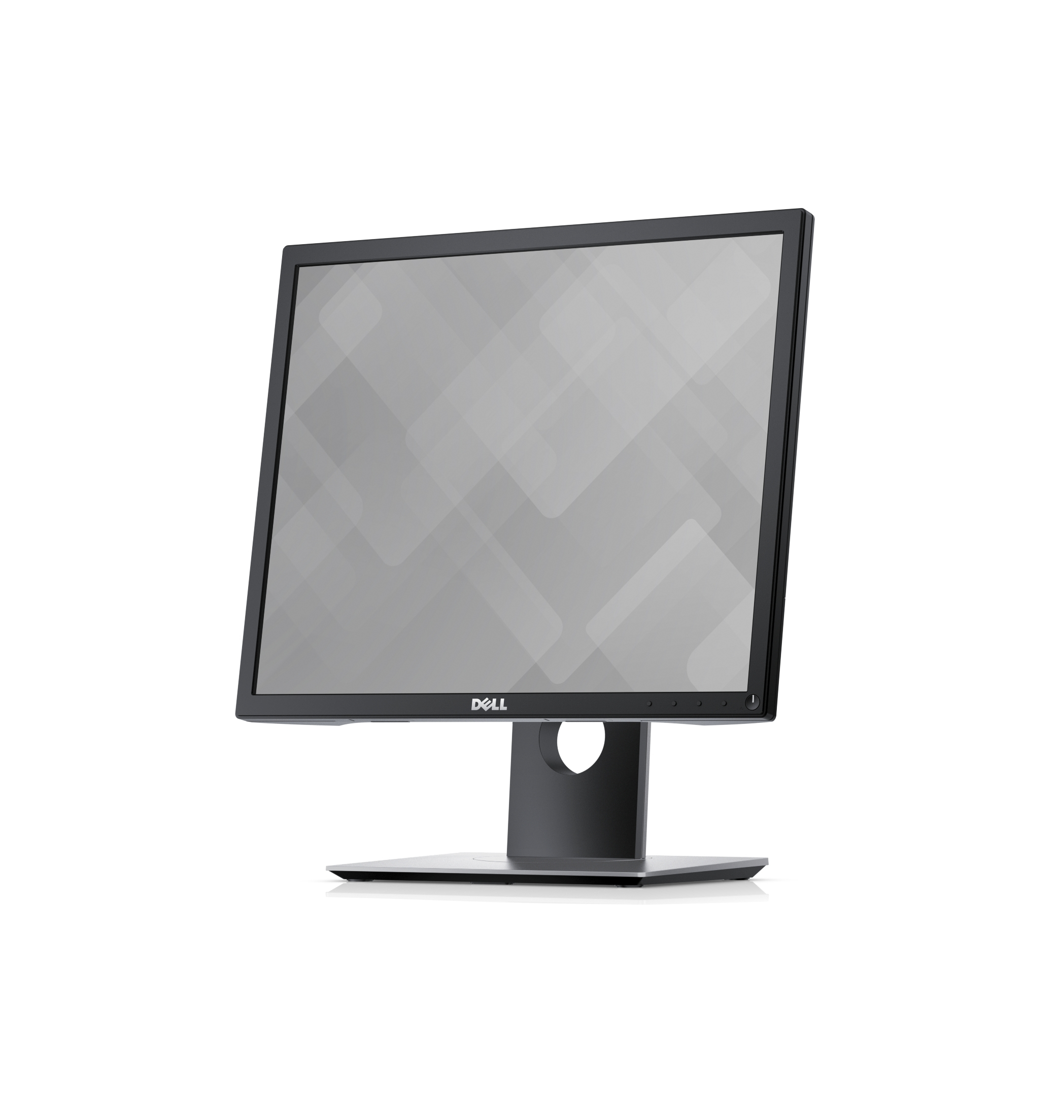 Ein Dell-Computermonitor steht vor weißem Hintergrund. Der Bildschirm zeigt ein graues geometrisches Muster und die Basis ist silberfarben.