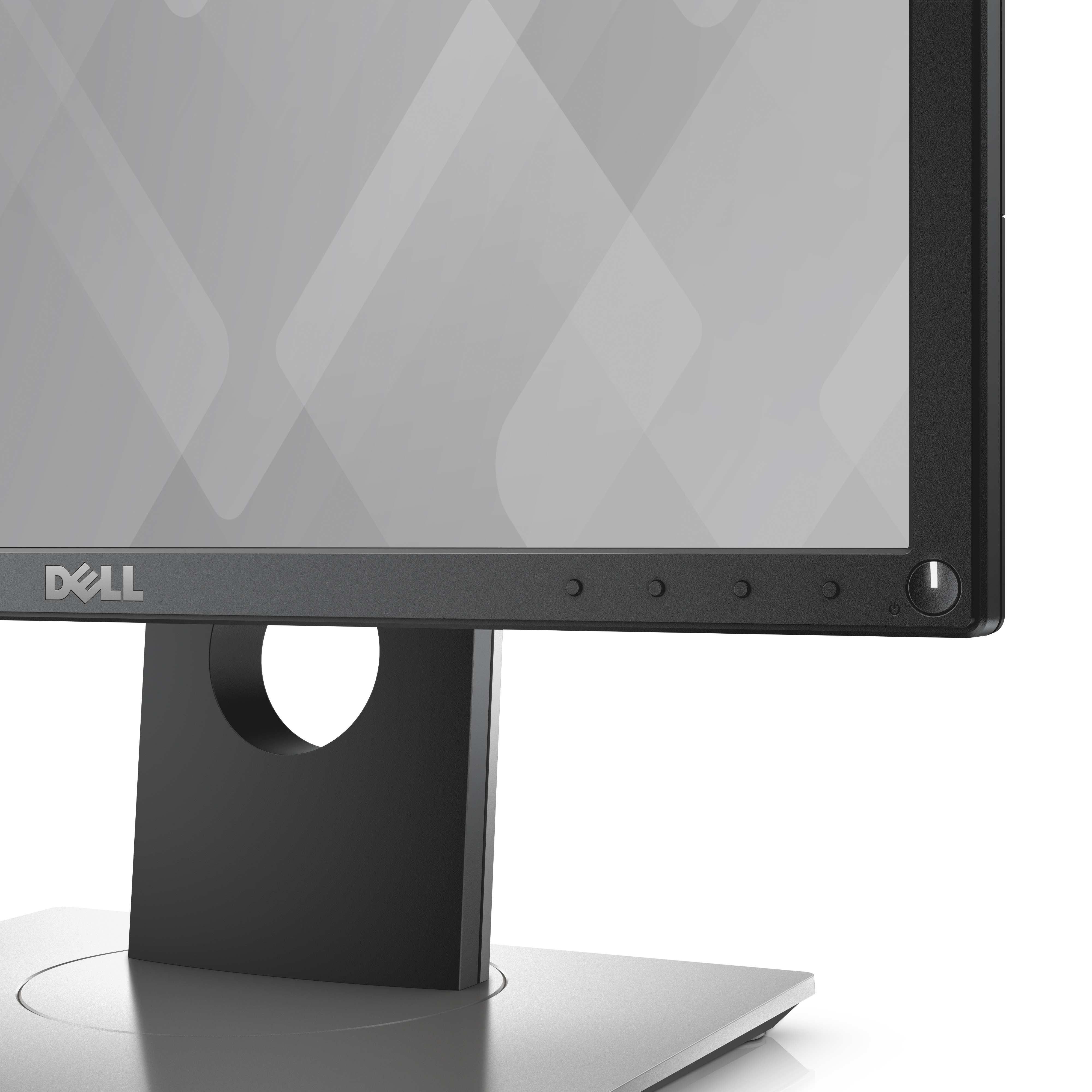 Nahaufnahme eines Dell-Monitors. Er hat einen schwarzen Rahmen, einen grauen Bildschirm mit Muster und einen silbernen Ständer. Das Dell-Logo ist sichtbar.